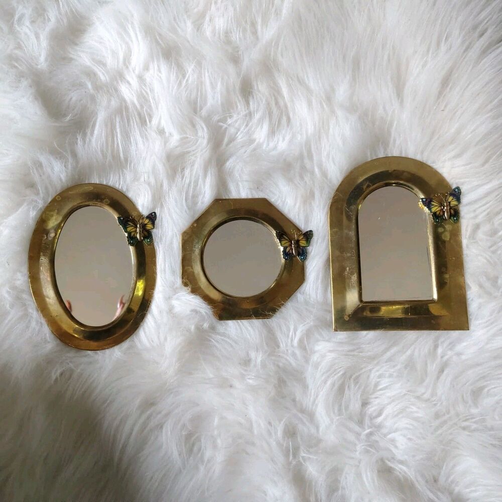Vintage Three Small Brass Mirrors With Butterfly Detail Rare